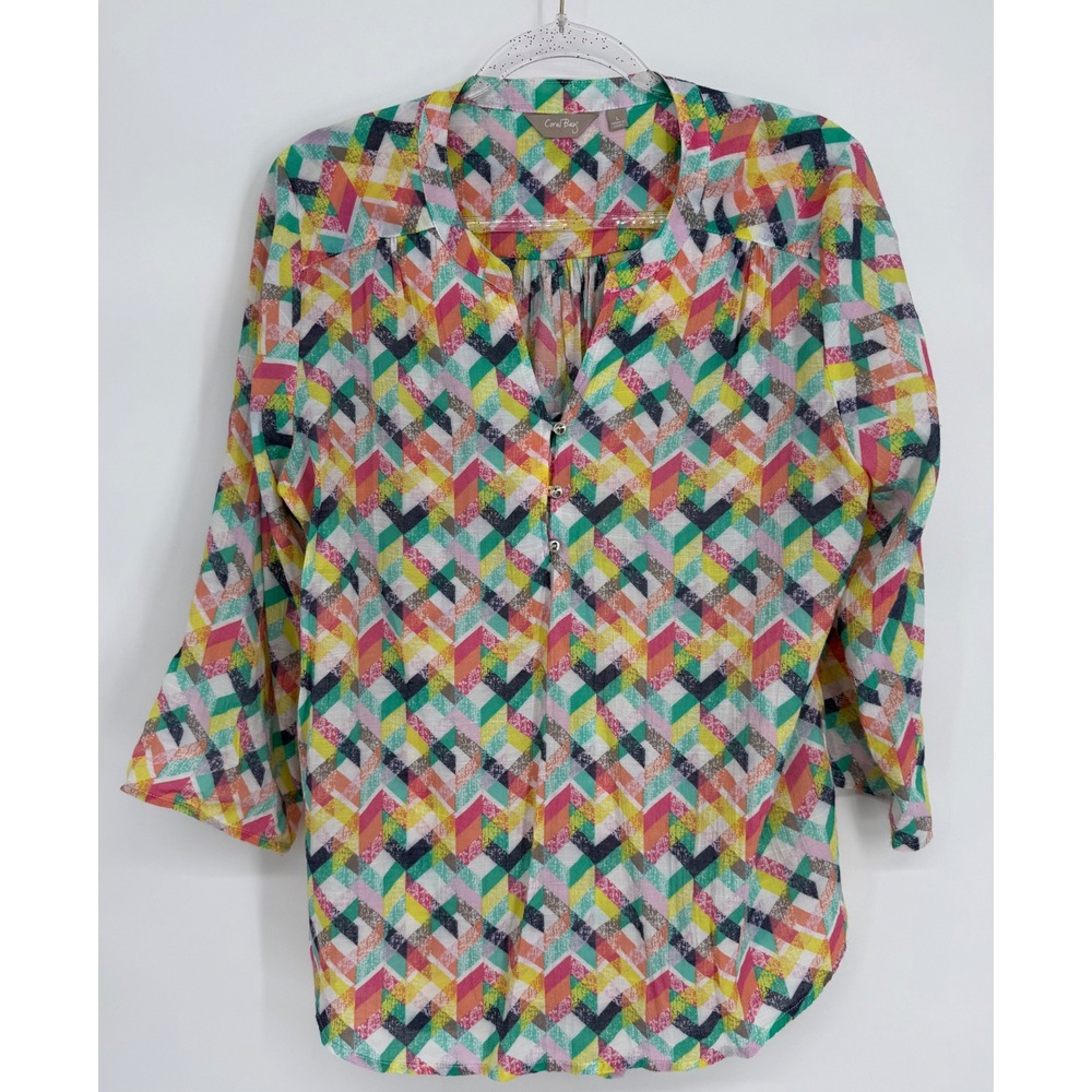 Coral Bay Womens Multicolor Geometric Chevron 3/4 Sleeve Blouse Sz L